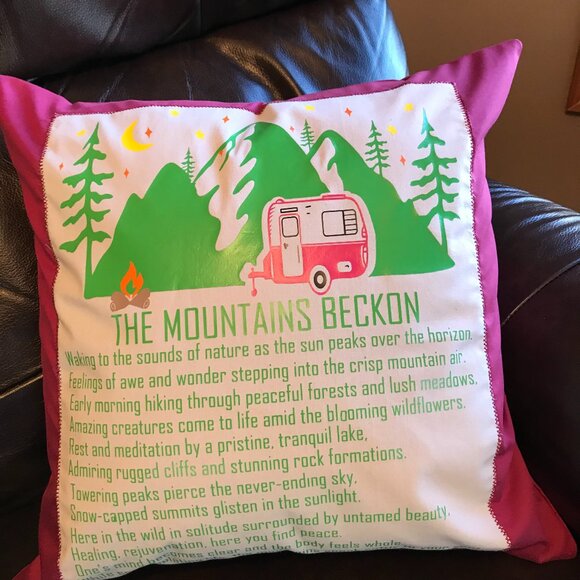 Mountain Camping Pillow Cover, 18 x 18: Handmade Vintage Camper Magenta Decor - Picture 5 of 9